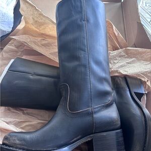 Frye Black Leather Mid-Calf Campus Heeled Boots